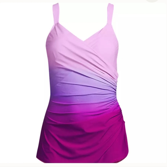 Lands End Women's SlenderSuit V-Neck Skirted One Piece NWT Size 14 D Ombre - Picture 2 of 15